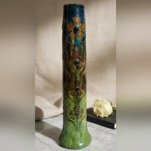 Vintage Studio Pottery Bud Vase 11" Green Blue Raised Floral Ceramic